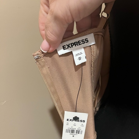 NWT Express Satin Wrap Fit and Flare Dress - Size Medium, Bronze/Gold - Picture 6 of 9